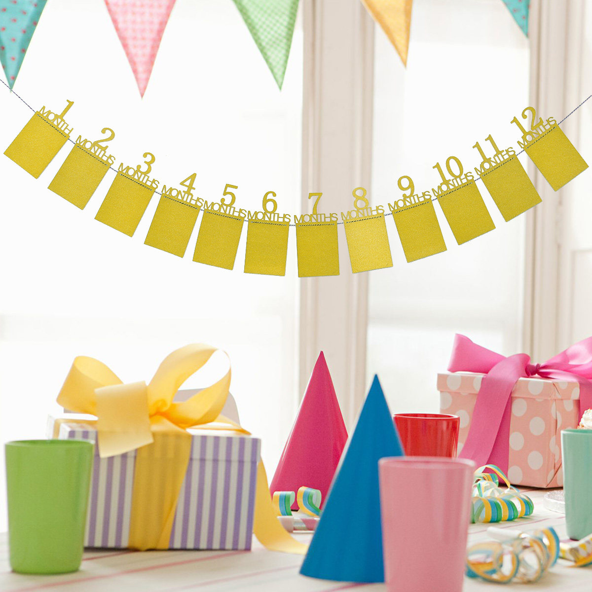 Party Banner Gold - 12개월 아기의 첫 생일 사진 벽